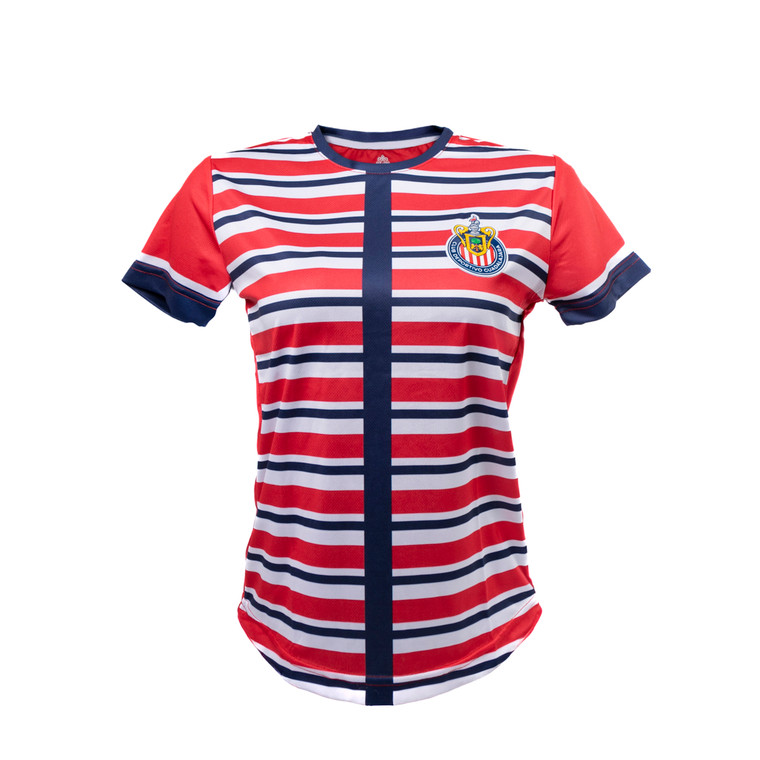 PLAYERA MUJER ROJA RAYAS HORIZONTALES ESCUDO CHIVAS