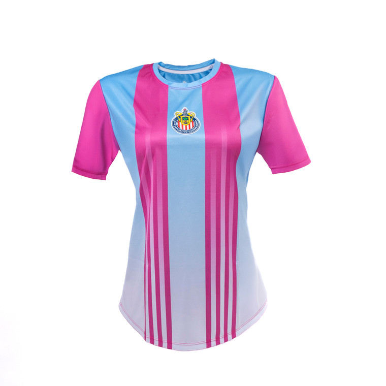 PLAYERA MUJER RAYAS VERTICALES ROSAS ESCUDO CHIVAS