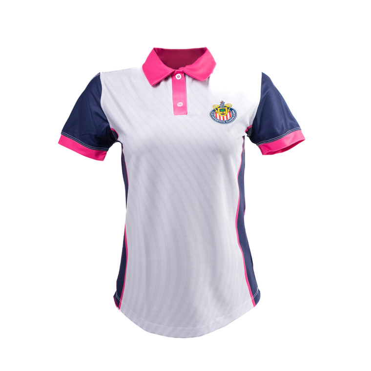 POLO DAMA BLANCA LATERAL AZUL Y CUELLO ROSA ESCUDO CHIVAS