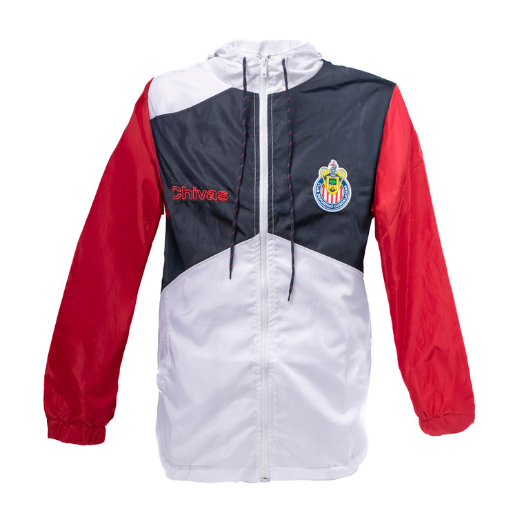 CHAMARRA ROMPEVIENTOS TRICOLOR CON APLICACIÓN ESCUDO CHIVAS