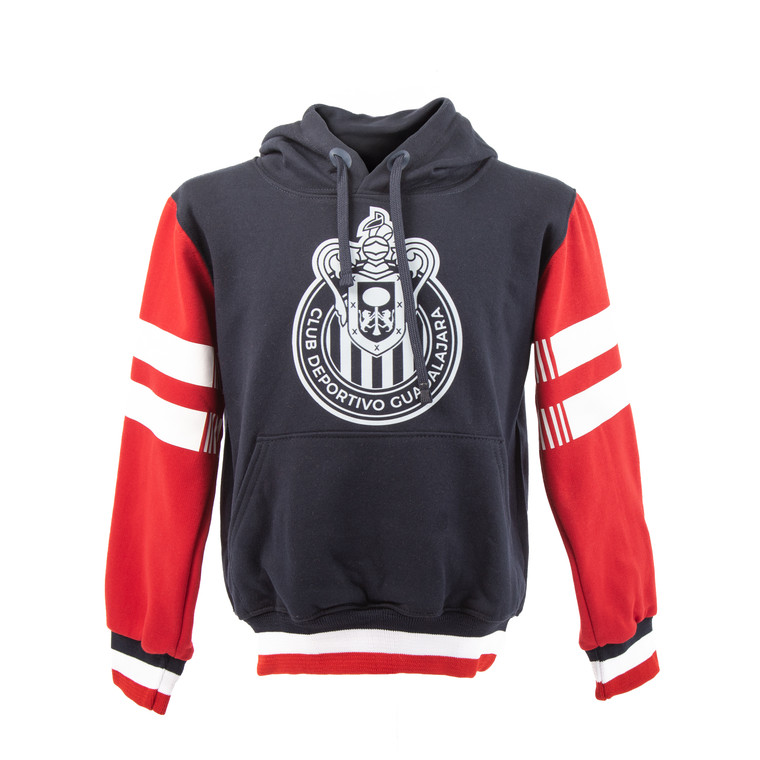 SUDADERA NIÑO AZUL CON ESCUDO MONOCRMÁTICO Y RAYAS EN MANGAS