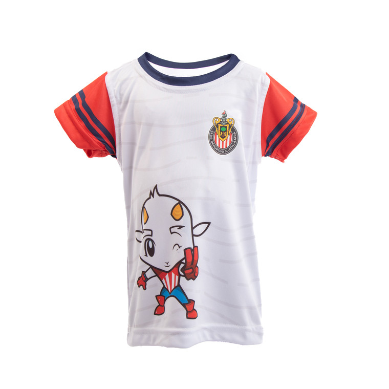PLAYERA BLANCA MANGAS ROJAS CHIVITO Y ESCUDO PARA NIÑO