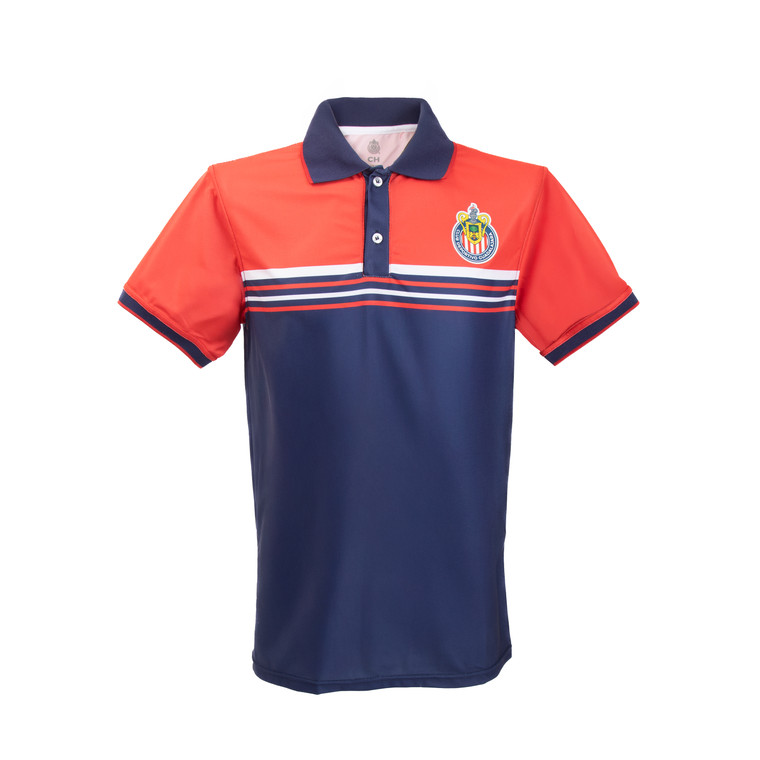 POLO BICOLOR CON RAYAS HORIZONTALES Y ESCUDO CHIVAS