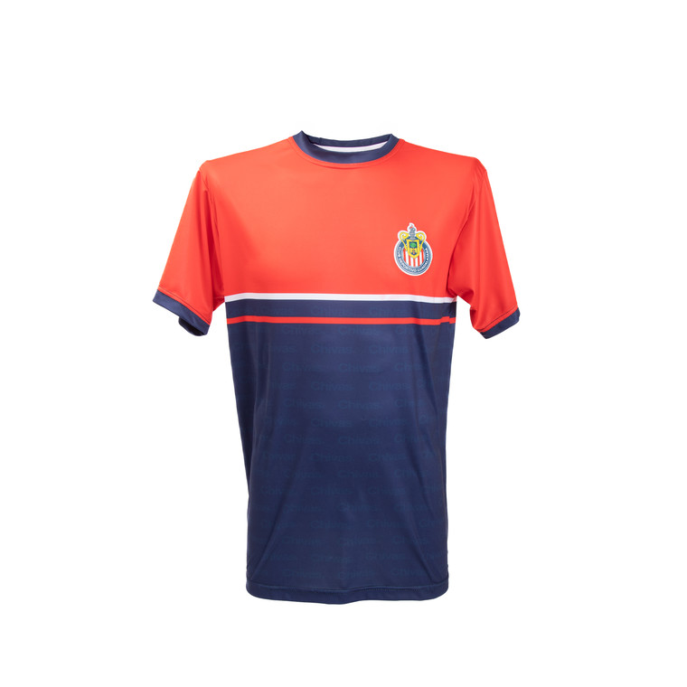 PLAYERA ROJO CON AZUL RAYAS HORIZONTALES Y ESCUDO CHIVAS