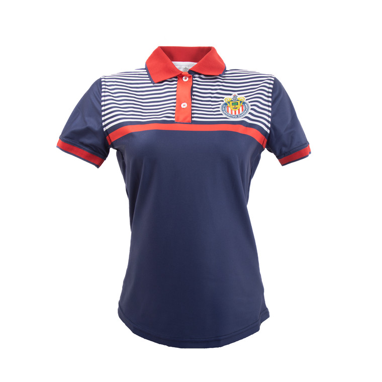 POLO DAMA AZUL RAYAS HORIZONTALES ESCUDO CHIVAS