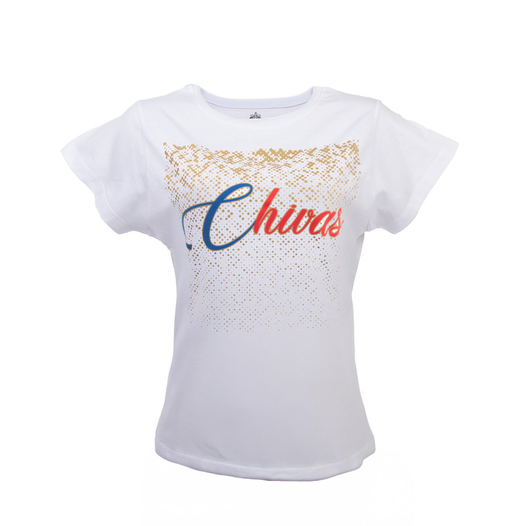 PLAYERA BLANCA PARA MUJER TEXTURA ORO PALABRA CHIVAS