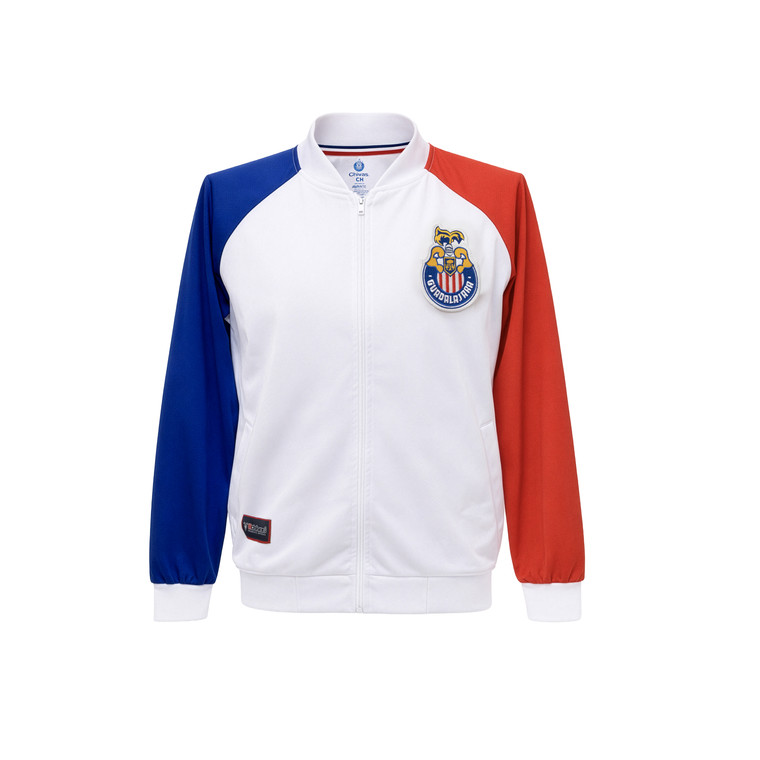 CHAMARRA MANGAS BICOLOR CON CARDIGAN Y ESCUDO BORDADO