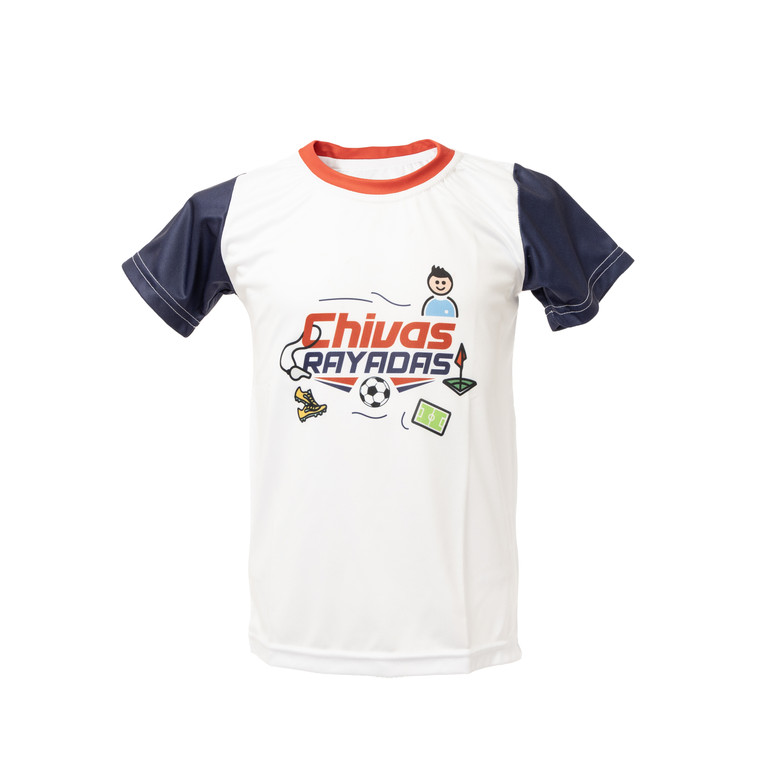 PLAYERA BLANCA MANGAS AZUL FUT CHIVAS RAYADAS NIÑO