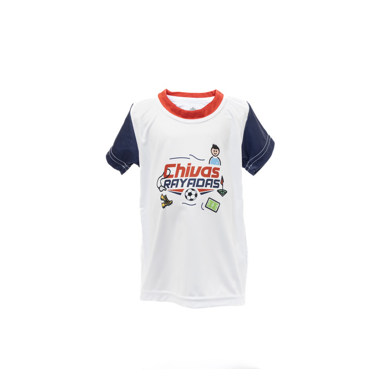 PLAYERA BLANCA MANGAS AZUL ICONOS FUT CHIVAS PARA BEBÉ