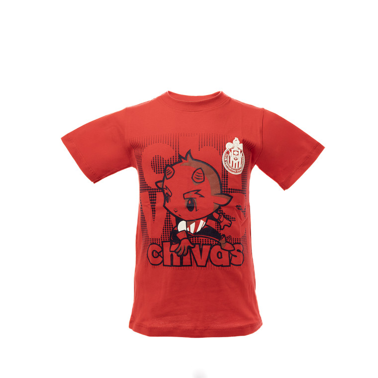 PLAYERA ROJA CHIVITO ACCIÓN Y ESCUDO CHIVAS PARA NIÑO