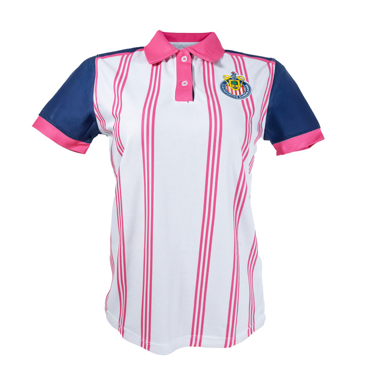 PLAYERA POLO MUJER RAYAS ROSA ESCUDO CHIVAS