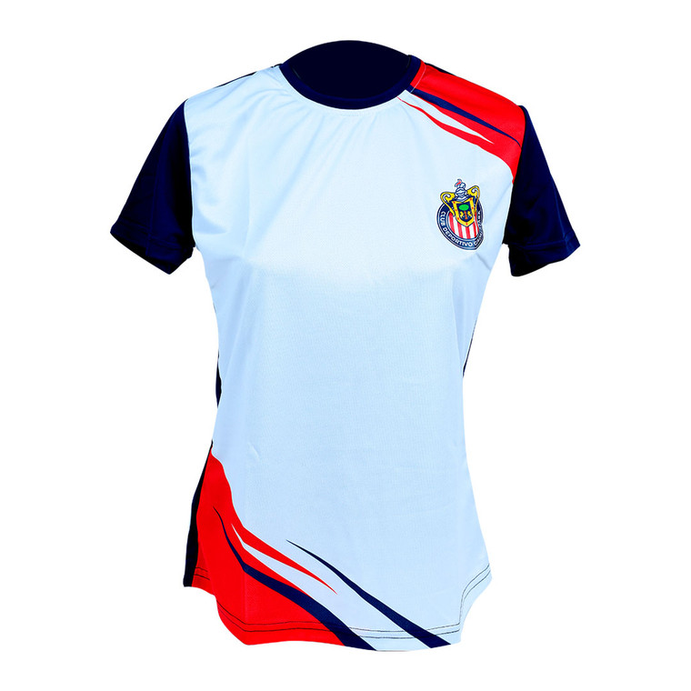 PLAYERA MUJER BLANCA TEXTURAS MANGA AZUL ESCUDO CHIVAS