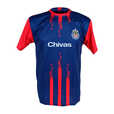 PLAYERA AZUL RAYAS DEGR Y MANGAS ROJAS ESCUDO CHIVAS