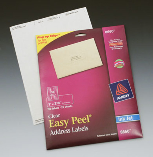 2-5/8" x 1" Avery Easy Peel Inkjet Printer Sheet Labels No. 8660 - Clear (30 Labels per Sheet; 25 Sheets per Package) (Qty) 100 Items