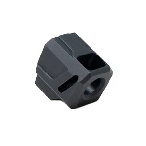 Faxon EXOS-524 pistol compensator for S&W M&P Shield and Shield Plus, black anodized 6061 aluminum, single chamber with three angled top ports, 1/2x28