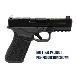 Faxon FX-19 Patriot-X Gen 2 compact pistol prototype with aftermarket sights and stippled grip, against a white backdrop. Faxon FX-19 Patriot-X Gen 2 compact pistol prototype with aftermarket sights and stippled grip, against a white backdrop.