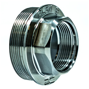 Faxon Titanium Plan B to Hub Adapter – angled view showing threads and hex flats for hub-mount suppressor connection