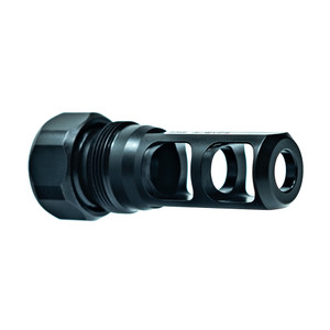 Faxon MuzzLok® Plan B Stainless Steel Muzzle Brake 5/8x24 .375 Bore – angled view showing ported brake and left-hand locking nut - Hub-Mount suppressors