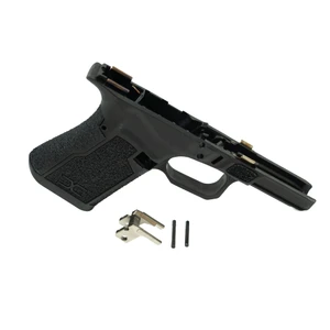 Faxon FX19X Compact Pistol Frame FX19P-FRAME-02 shown with included locking block and two frame pins, right-side angle
