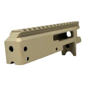 Faxon FF-22 billet aluminum 10/22 receiver in limited edition Champagne Cerakote, left side view showing integrated Picatinny rail and Faxon engraving
