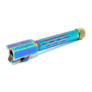 Faxon Match Series Barrel for G19 w/ Patented Flame Fluting, Compact, Gen 2-5, 9mm, 416-R Stainless QPQ Nitride, Threaded - Chameleon PVD Faxon Match Series Barrel for G19 w/ Patented Flame Fluting, Compact, Gen 2-5, 9mm, 416-R Stainless QPQ Nitride, Threaded - Chameleon PVD