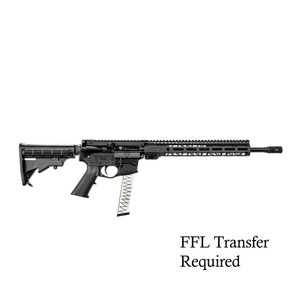 Faxon Bantam 16-inch 9mm PCC with black finish and clear magazine against a white background. Faxon Bantam 16-inch 9mm PCC with black finish and clear magazine against a white background.