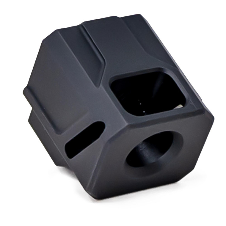 Faxon EXOS-543 pistol compensator for Glock Gen 4, black anodized 6061 aluminum, single chamber with three angled top ports, 1/2x28