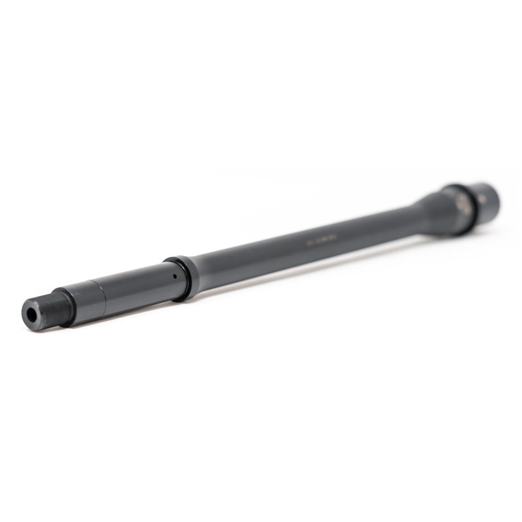 Faxon Firearms Duty Series 12.5-inch Gunner profile AR-15 barrel, engineered for 5.56 NATO, featuring a mid-length gas system for consistent operation, crafted from 4150 steel with QPQ Nitride coating for exceptional toughness and corrosion resistance, designed with a 1:8 twist rate for effective stabilization of a range of bullet weights, expertly button rifled for peak ballistic performance, and equipped with a 1/2-28 TPI muzzle thread for versatile muzzle device integration.