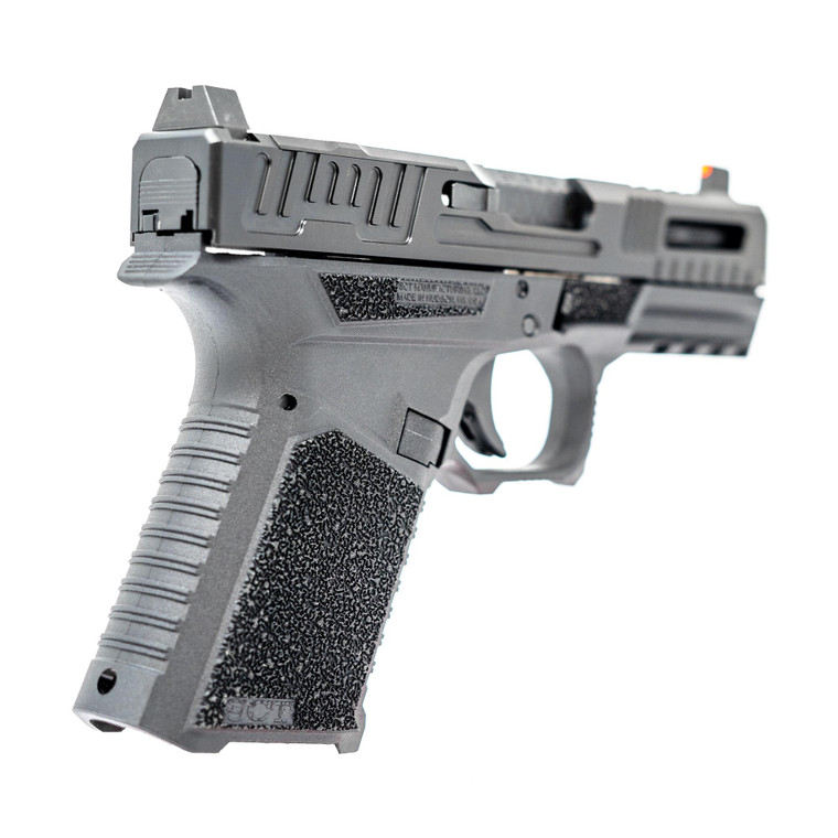 FX-19 Hellfire LT compact pistol with enhanced slide design and orange fiber optic sight, tailored for efficient handling.