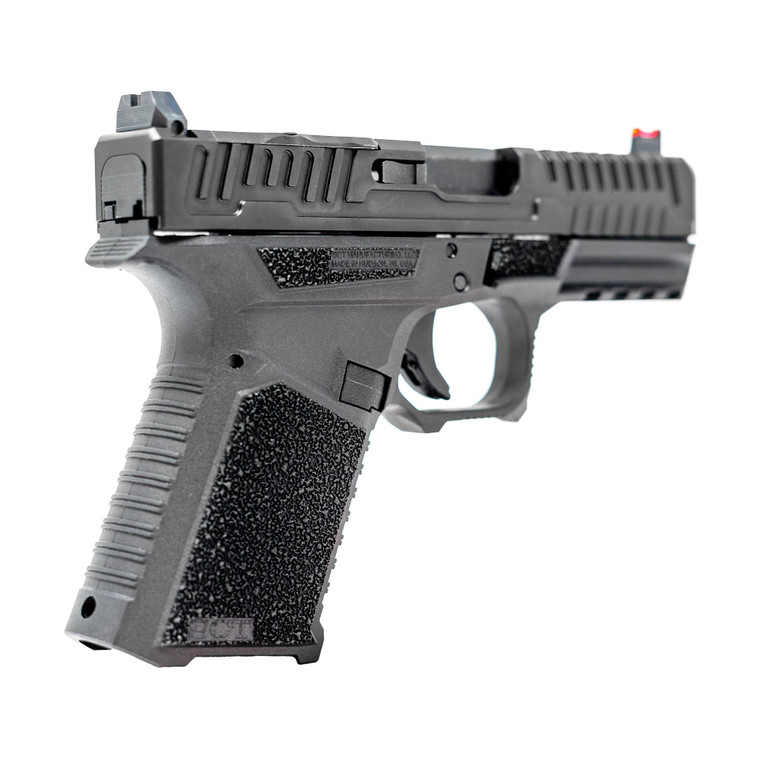 FX-19 Patriot LT compact pistol with red fiber optic sight and textured grip against a white background.