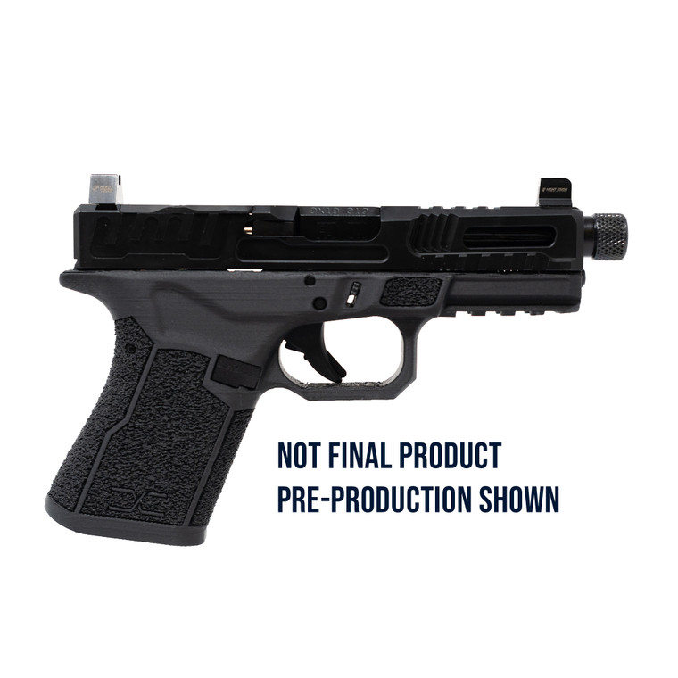 Faxon FX-19 Hellfire Gen 2 compact pistol, with open slide and threaded barrel, pre-production version displayed.