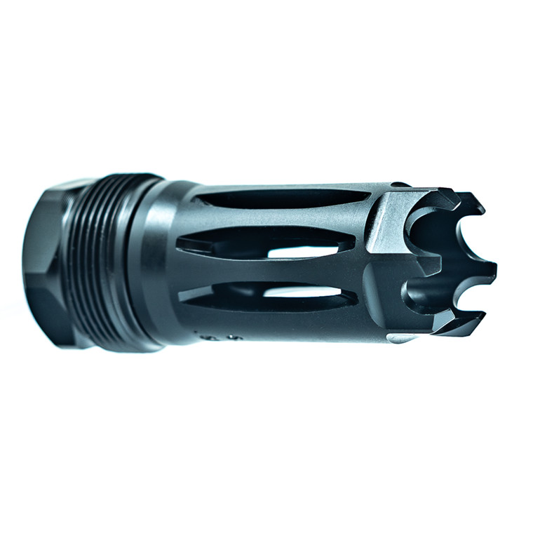 Faxon MuzzLok® Stainless Steel Plan B Compatible Flash Hider 1/2x28 – angled view showing multi-port design and left-hand timing nut