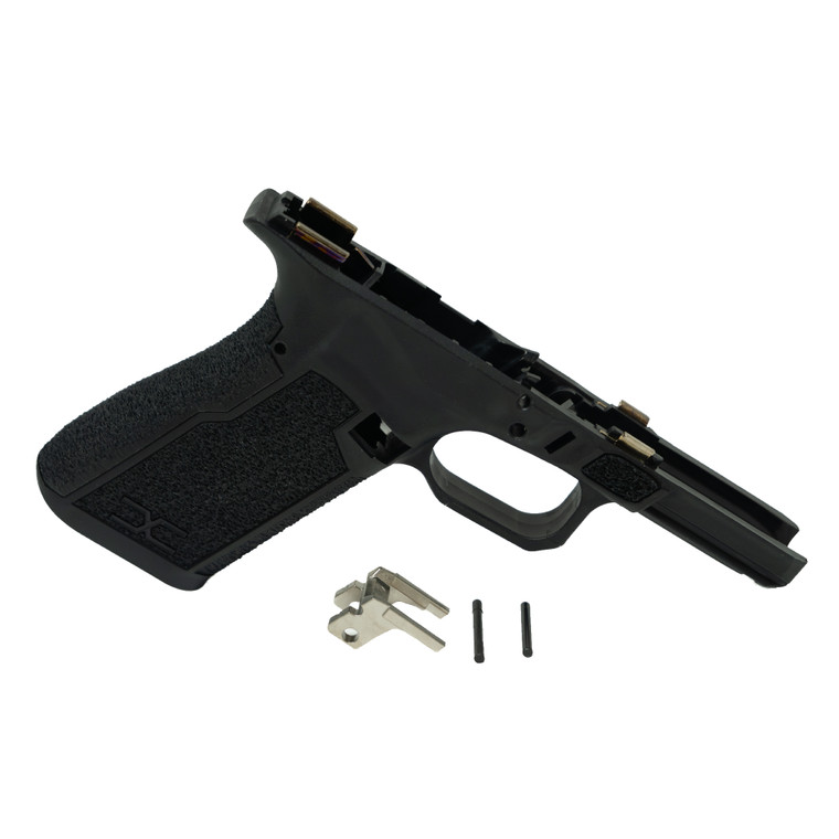 Faxon FX19X Compact Pistol Frame FX19PX-FRAME-02 shown with included locking block and two frame pins, right-side angle