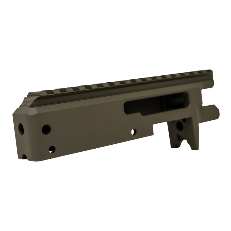 Faxon FF-22 billet aluminum 10/22 receiver in limited edition matte olive drab OD Green Cerakote, angled front view showing integrated Picatinny rail, barrel channel, and V-block screw holes showing integrated Picatinny rail and Faxon engraving