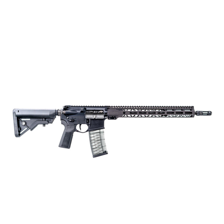 Faxon Sentry 16-inch 5.56 Rifle with black finish and clear magazine on a white background.