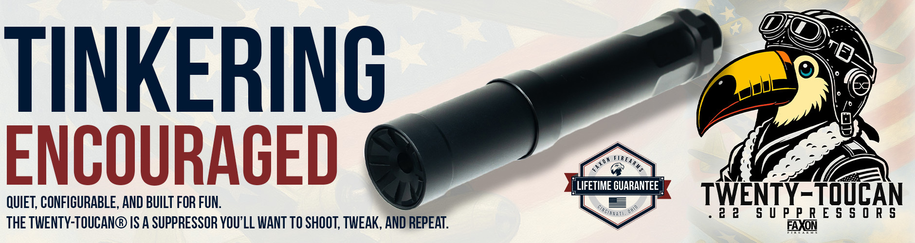 Faxon Twenty-Toucan .22 Cal Suppressor displayed on tactical rifle setup – modular rimfire silencer for 22LR and 5.7x28 platforms