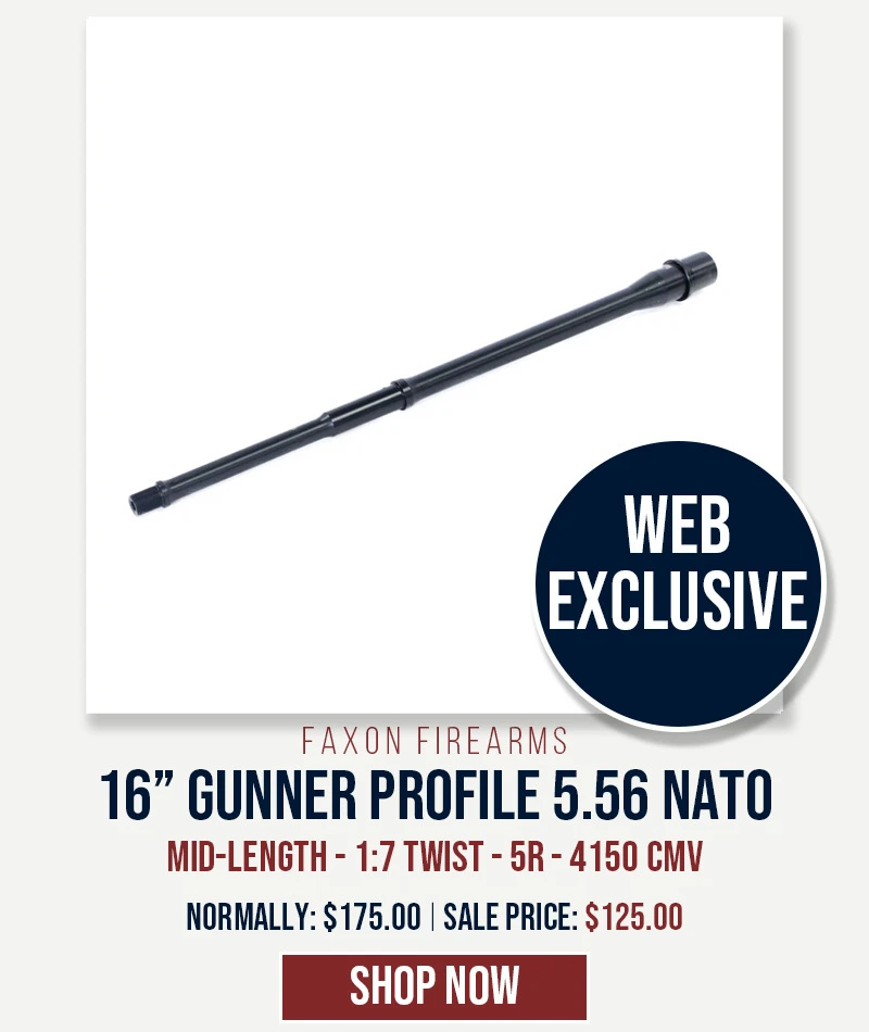 Limited Edition: Faxon 16" Gunner, 5.56 NATO, Mid-Length, 1:7, 5R, 4150 QPQ