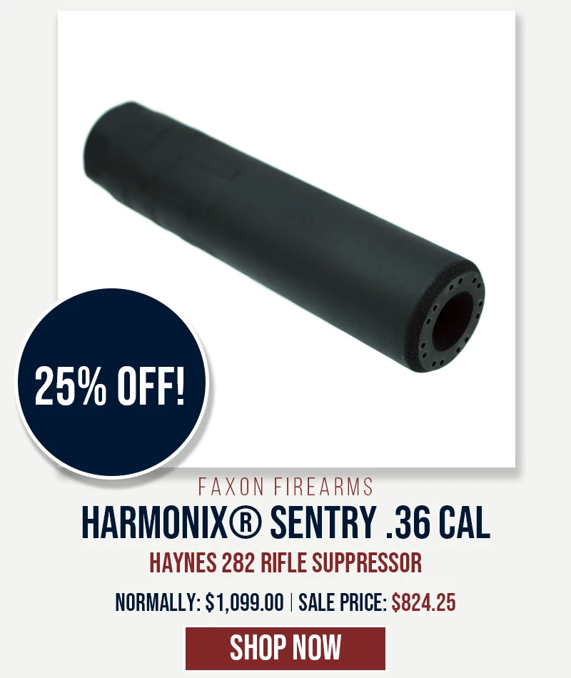 25% OFF FAXON HARMONIX® SENTRY .36 CAL RIFLE SUPPRESSOR - HAYNES 282