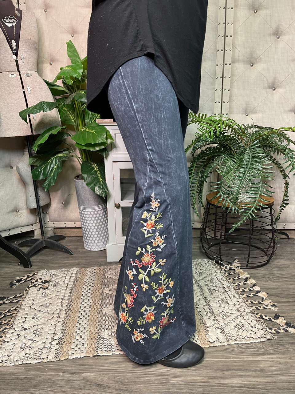 Embroidered Flare Pants-Charcoal