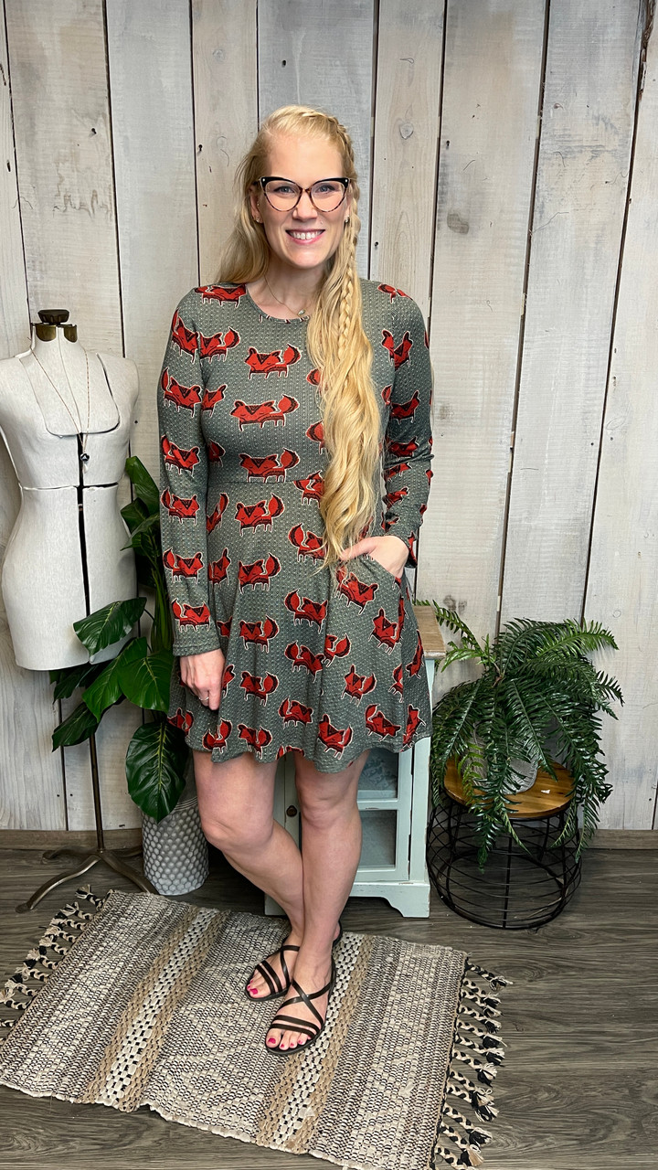 Fox Printed Sweater Dress-Green