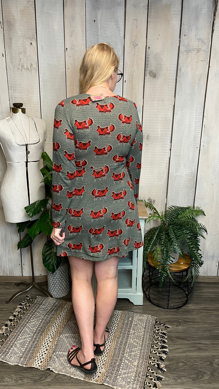 Fox Printed Sweater Dress-Green