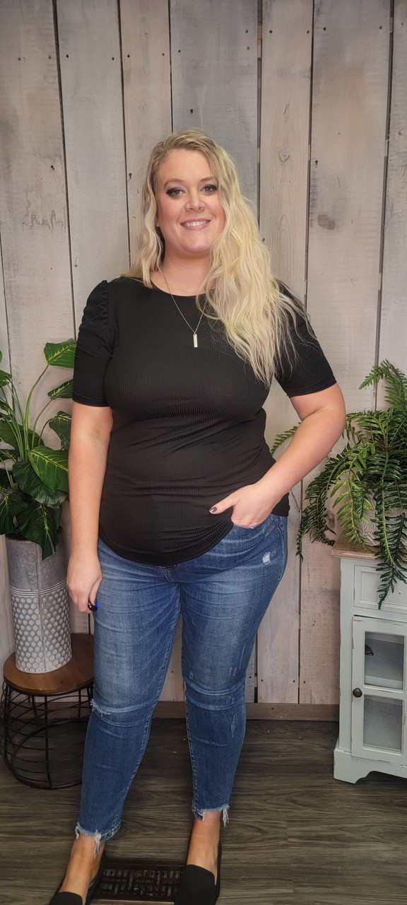 Curvy Ribbed Gather Sleeve Tee-Black - mulberrycottage