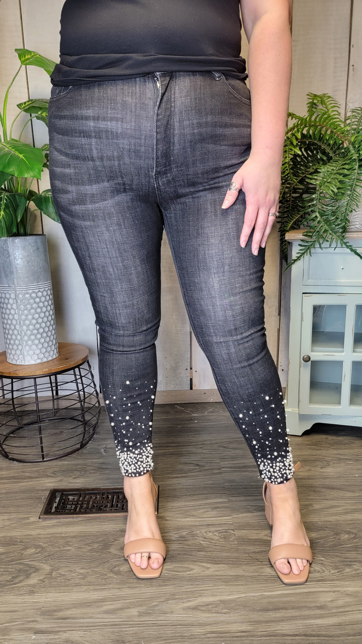 Curvy Rhinestone and Pearl Skinny Jean-Black