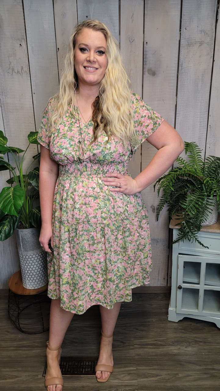 Curvy Maggie Floral Dress-Green/Blush