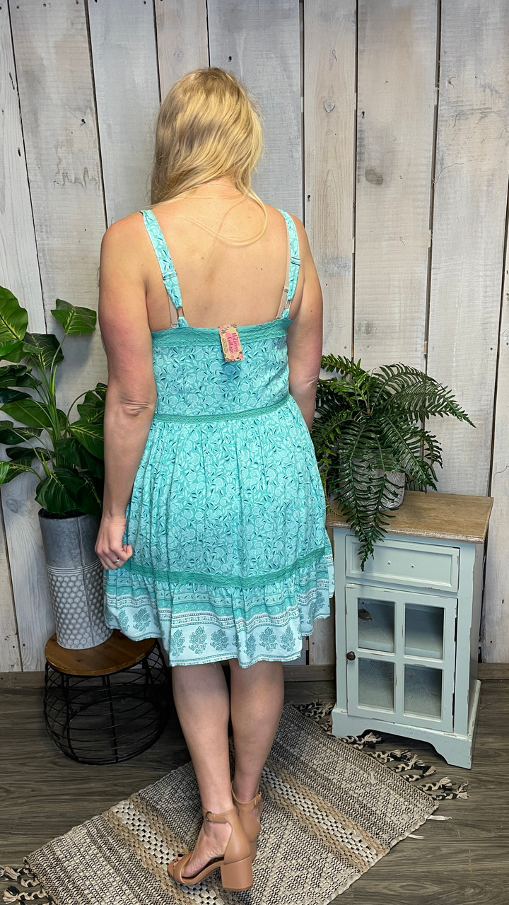 Seafoam Lace Trimmed Floral Dress