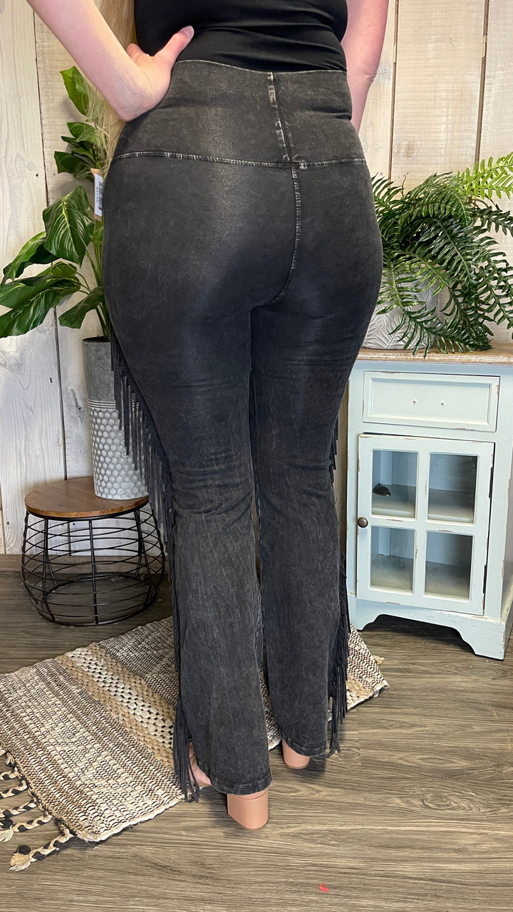 Black High Waist Yoga Pants With Fringe Detail