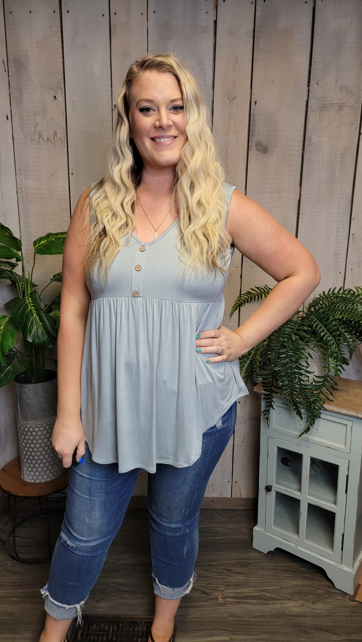 Curvy Button Front Babydoll Tank-Dusty Mint - mulberrycottage