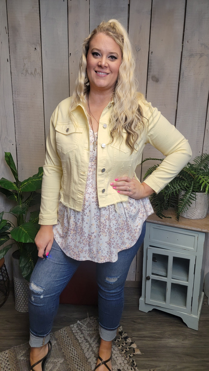 Curvy Frayed Hem Jacket-Pale Yellow - mulberrycottage