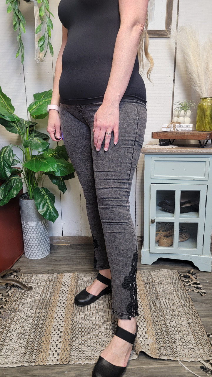 Curvy Black Jean Leggings with Crochet Details