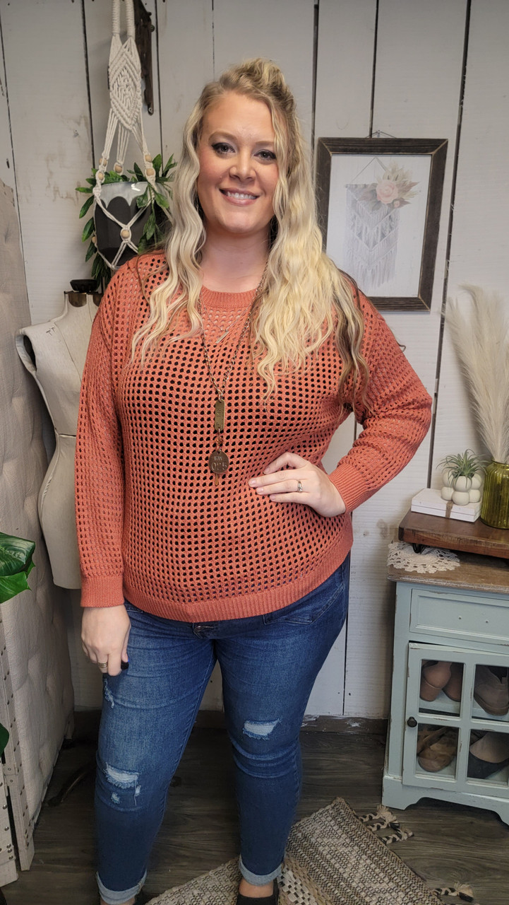 Curvy Open Weave Sweater-Rust